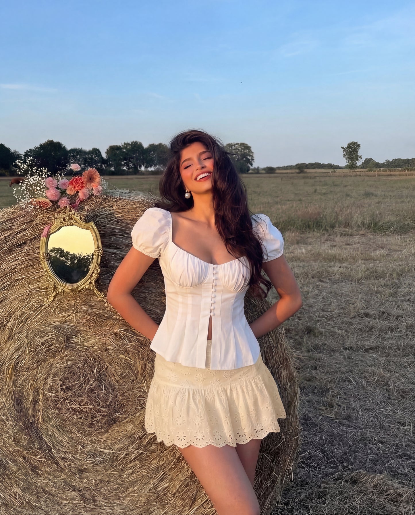 White Button Up Ruched Peplum Top