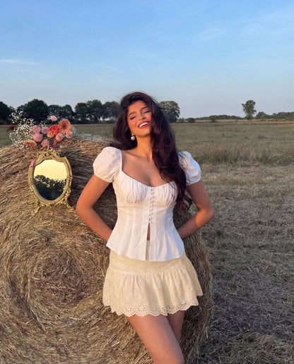 White Button Up Ruched Peplum Top