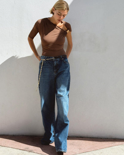 topwear,tops,casual, casual chic,glam, summer,knitted, stretchable,ribbed,brown,solid,gathered,golden trims,skinny fit,fitted,longline,straight hem,asymmetric neck,no straps,one shoulder,short sleeves	OY2151, 25080005GG