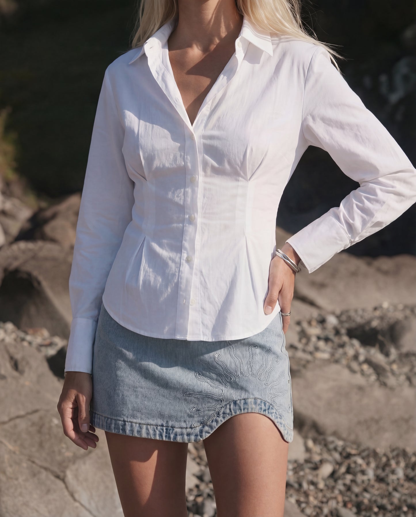 White Buttoned Flared Hem Shirt