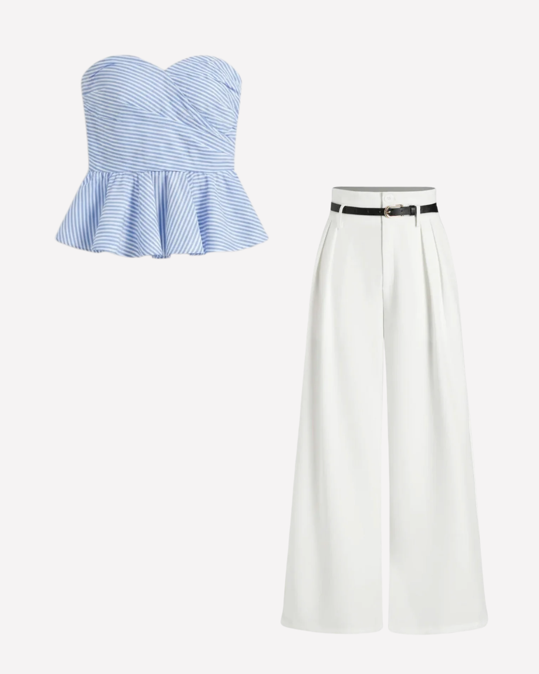 Blue Stripes Bandeau Top and White Pleated Pants with Belt