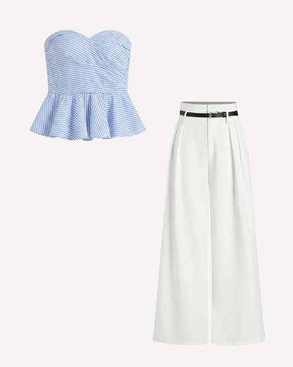 Blue Stripes Bandeau Top and White Pleated Pants with Belt