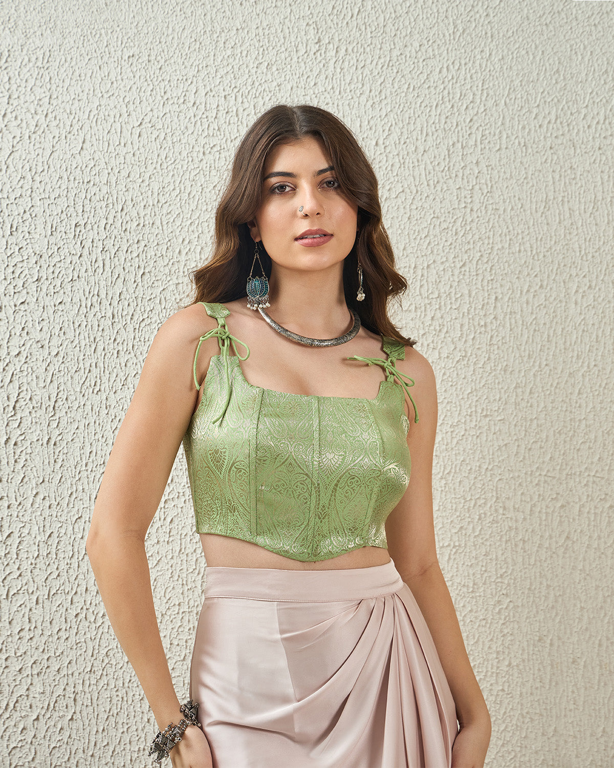 topwear,tops,ethnic, indo-western,ethnic wear, festive wear, indian wear, summer,woven,embroidered,brocade,mint green,floral pattern,textured,zipper,skinny fit,corset,crop,curved hem,square neck,shoulder strap,no sleeves,sleeveless, 25070040GG, OY3008 mint green