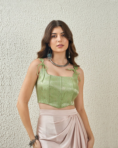 topwear,tops,ethnic, indo-western,ethnic wear, festive wear, indian wear, summer,woven,embroidered,brocade,mint green,floral pattern,textured,zipper,skinny fit,corset,crop,curved hem,square neck,shoulder strap,no sleeves,sleeveless, 25070040GG, OY3008 mint green