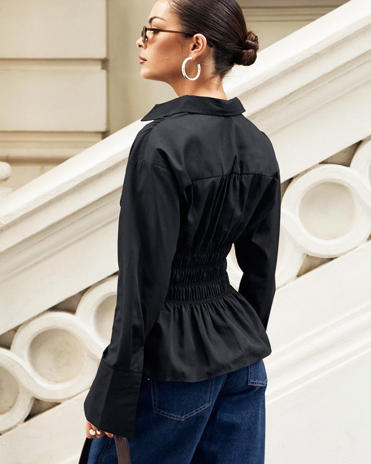 topwear,tops,casual, outdoor events,minimal, summer, streetwear,knitted,cotton,black,solid,ruched,button,slim fit,shirt,regular length,curved hem,collared,long sleeveless, OY1923, 25060028GG