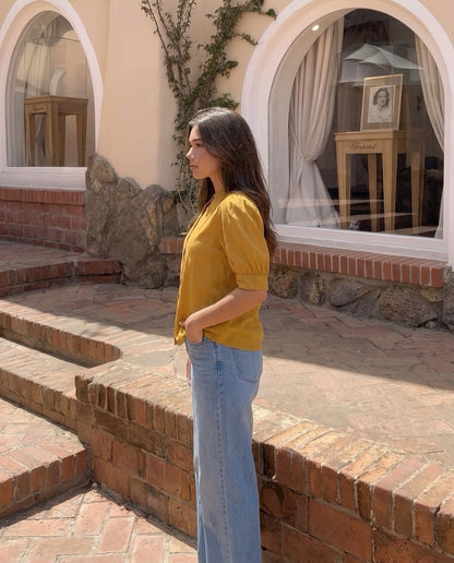 Mustard Mandarin Collar Puff Sleeve Top