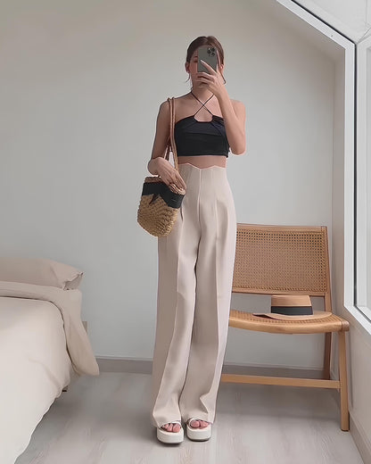 bottomwear,pants,semi-formal,business outfit,stretchable,polyester, spandex,beige,pleated,straight fit,straight,full length,high rise	24090009GG, oy956