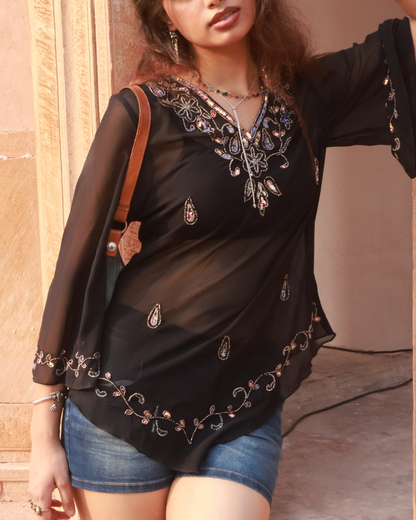 Nargis Embellished flared sleeve bohemian Top - Black
