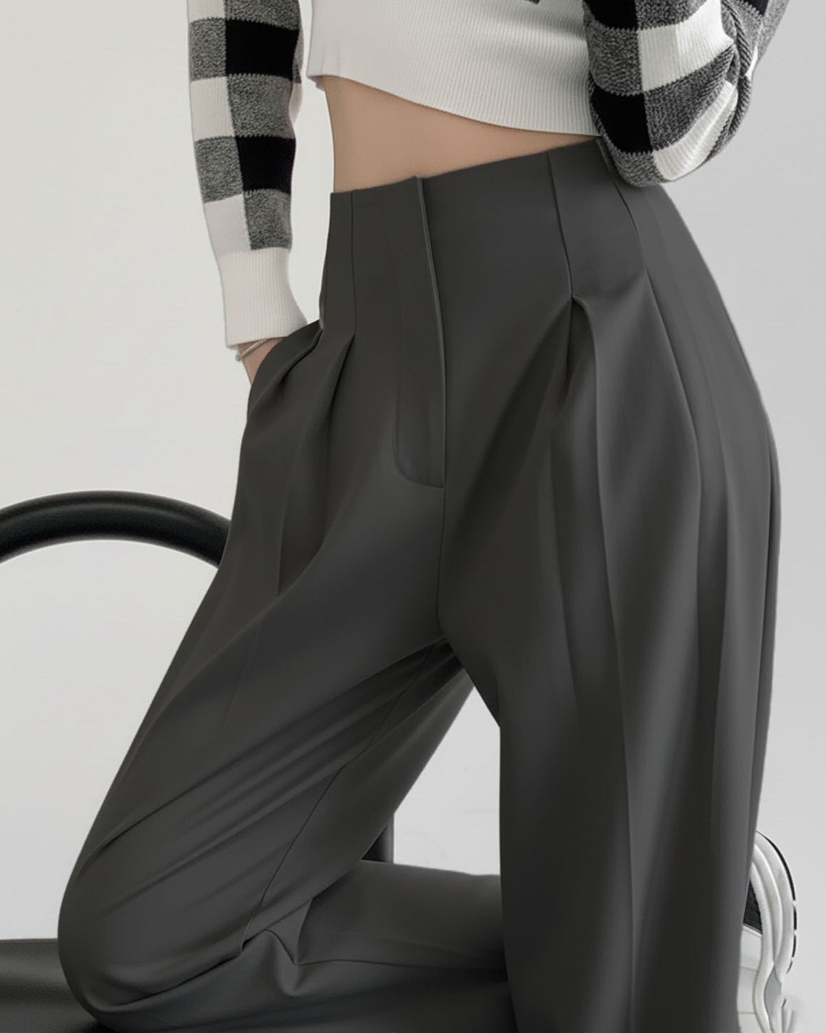 bottomwear,trousers,semi-formal,workwear,stretchable,polyester, spandex,grey,pleated,relaxed fit,wide leg,full length,high rise, OY963- dark grey ,25090079GG