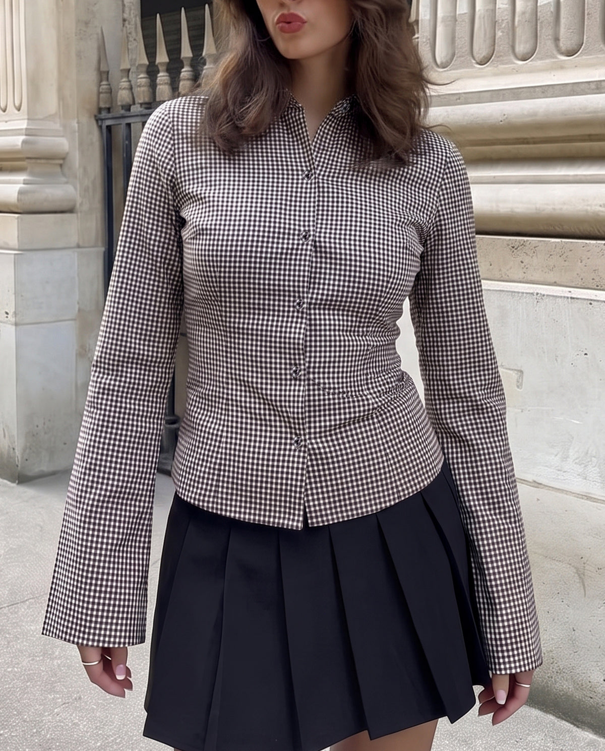 Black Check Shirt With Cinched Waist