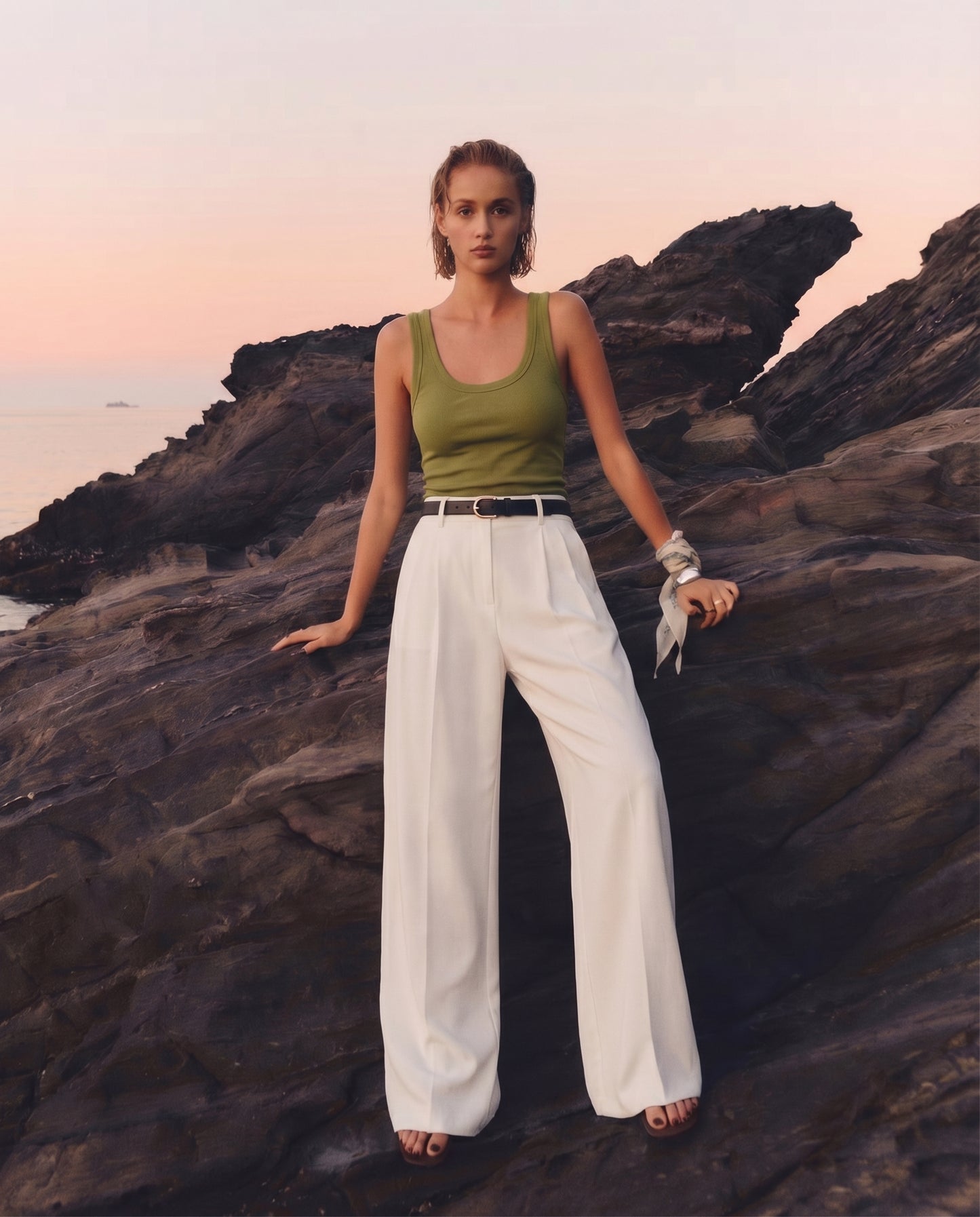 bottomwear,pants,semi-formal,business outfit,stretchable,polyester, spandex,white,pleated,tailored fit,wide leg,full length,high rise, 24090003GG, OY959