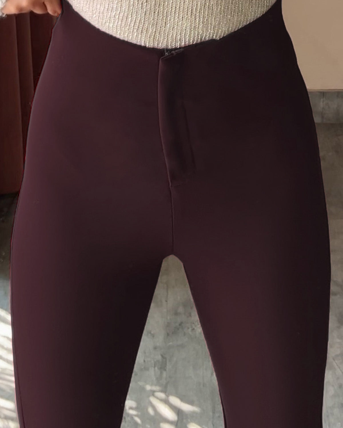 BOOT CUT PINTUCK TROUSER,Color: Wine
Fabric: 95% poly 5% spandex
Length: Full length(41")
Fit: Skinny Fit
Waist: High Rise 
No. of Pockets: 2
Print: Solid,trousers,bottomwear,trousers,casual,stretchable,polyester, spandex,wine, maroon,flared fit,bootcut,full length,flared,high rise