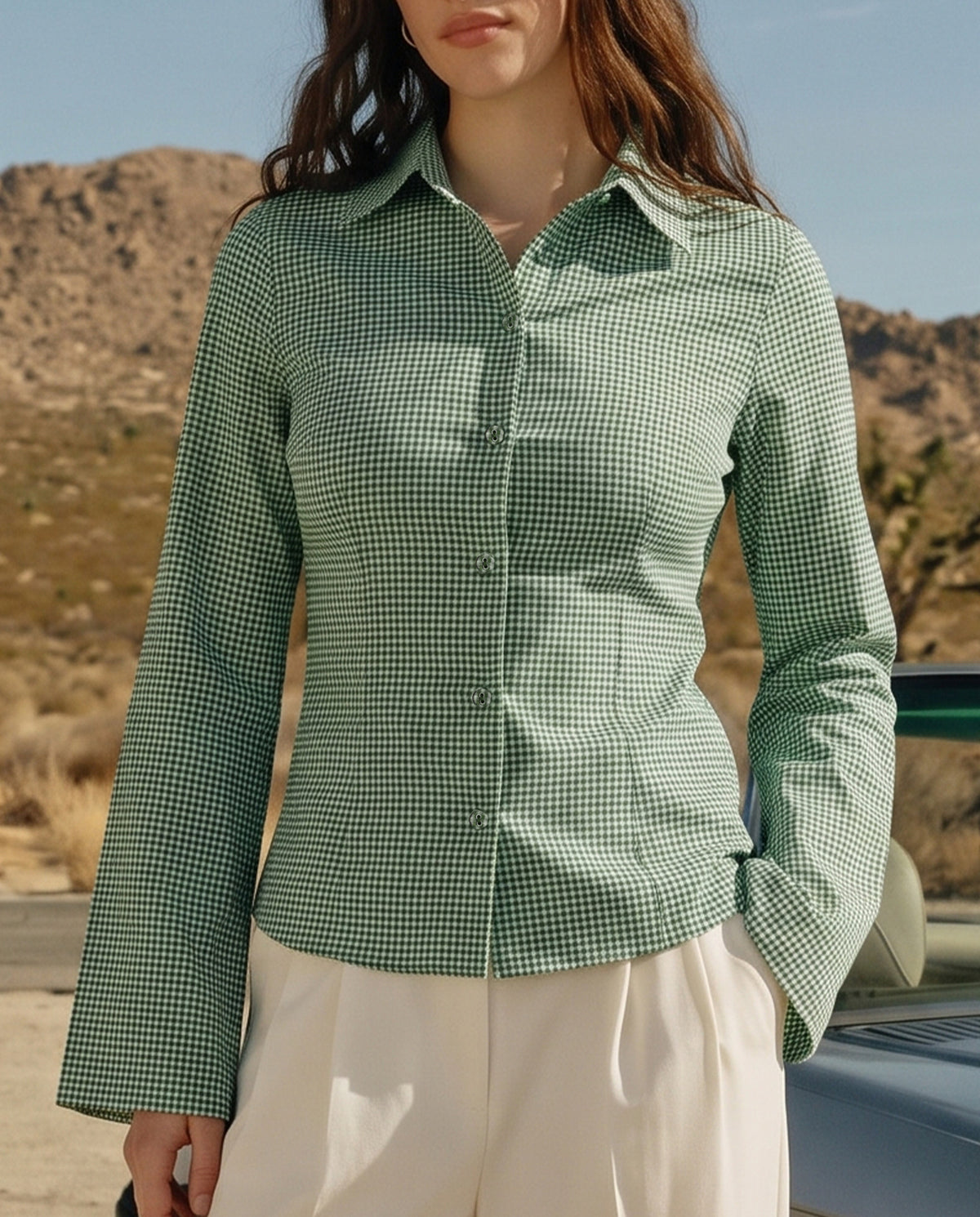 Green Check Shirt With Cinched Waist
