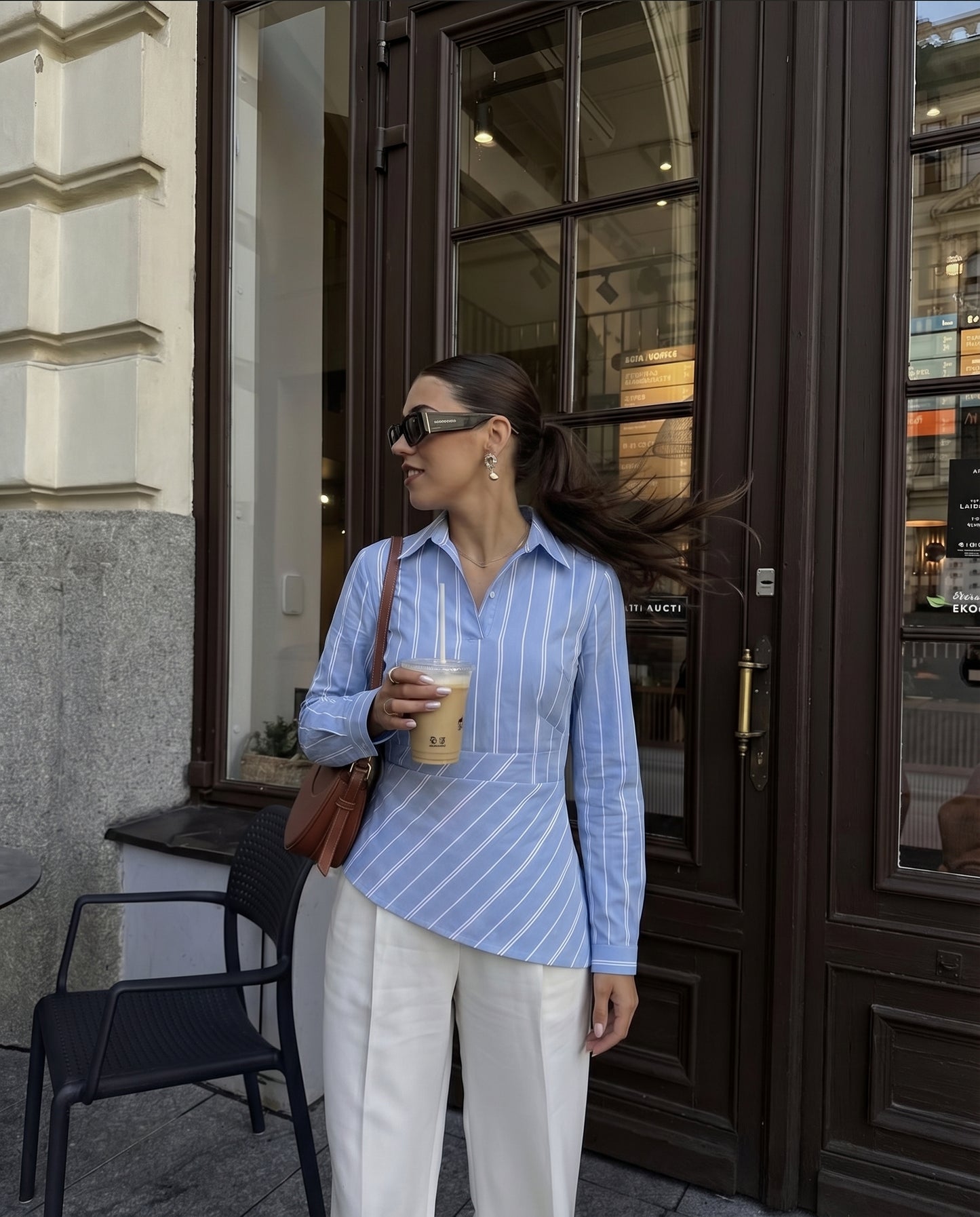 blue, asymmetrical shirt, summer, pastel blue, Stylish blue shirt, vertical stripes, playful, fun.