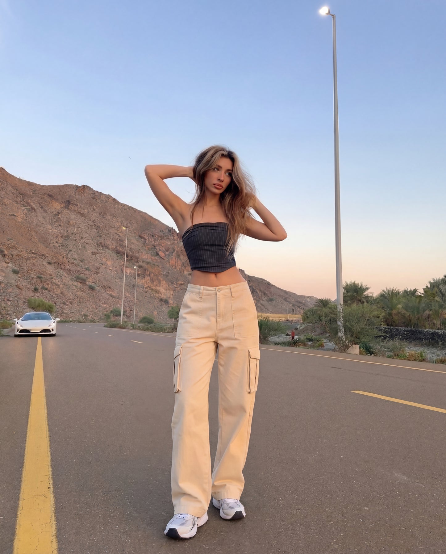 Cream Wide Leg Adjustable Cargo