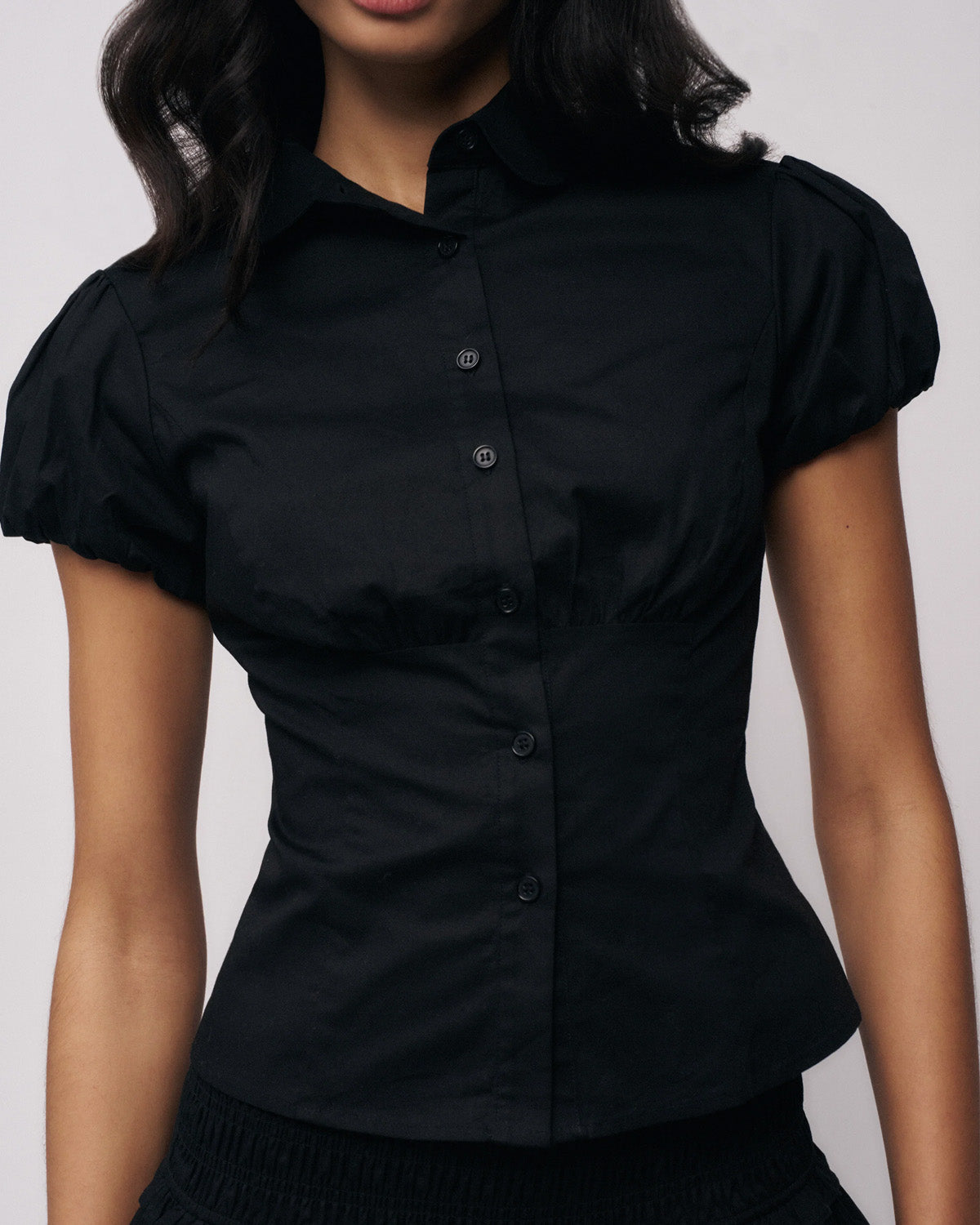 topwear,tops,casual, semi-formal,minimal, summer, timeless,woven,cotton,black,solid,ruched,button,slim fit,waist length,curved hem,collared,puff sleeves,OY1905	,25060005GG