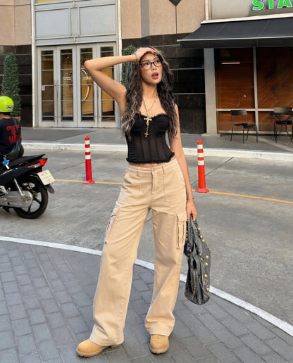 Beige Wide Leg Adjustable Cargo