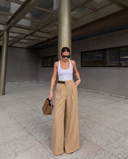 Belt Detail Pleated Wide Leg Pants