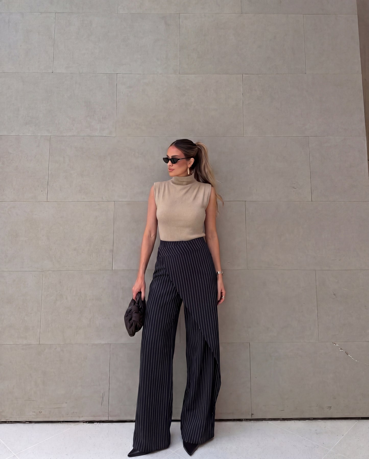 Asymmetric Wrap Pinstripe Wide-Leg Trousers