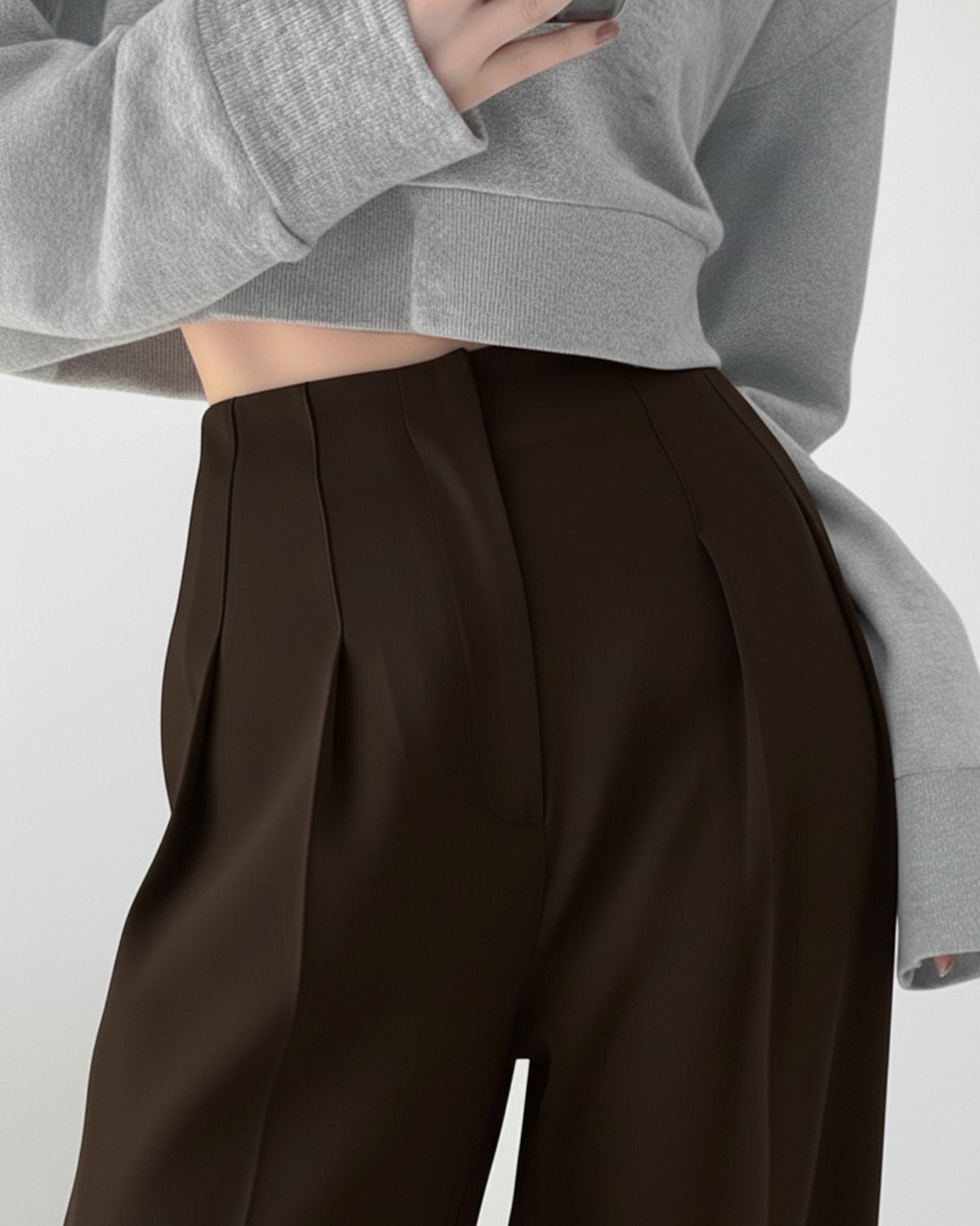 bottomwear,trousers,semi-formal,workwear,stretchable,polyester, spandex,dark brown,pleated,relaxed fit,wide leg,full length,high rise, 25090078GG, oy963