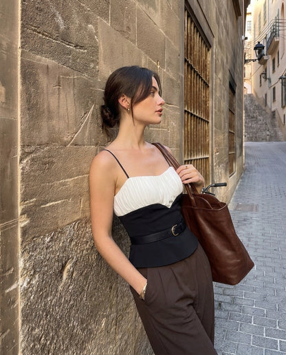 Black And White Ruched Detail Cami Top