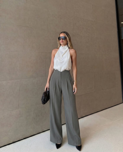 bottomwear,pants,semi-formal,business outfit,stretchable,polyester, spandex,light grey,pleated,straight fit,straight,full length,high rise, OY956- light grey, 25090070GG