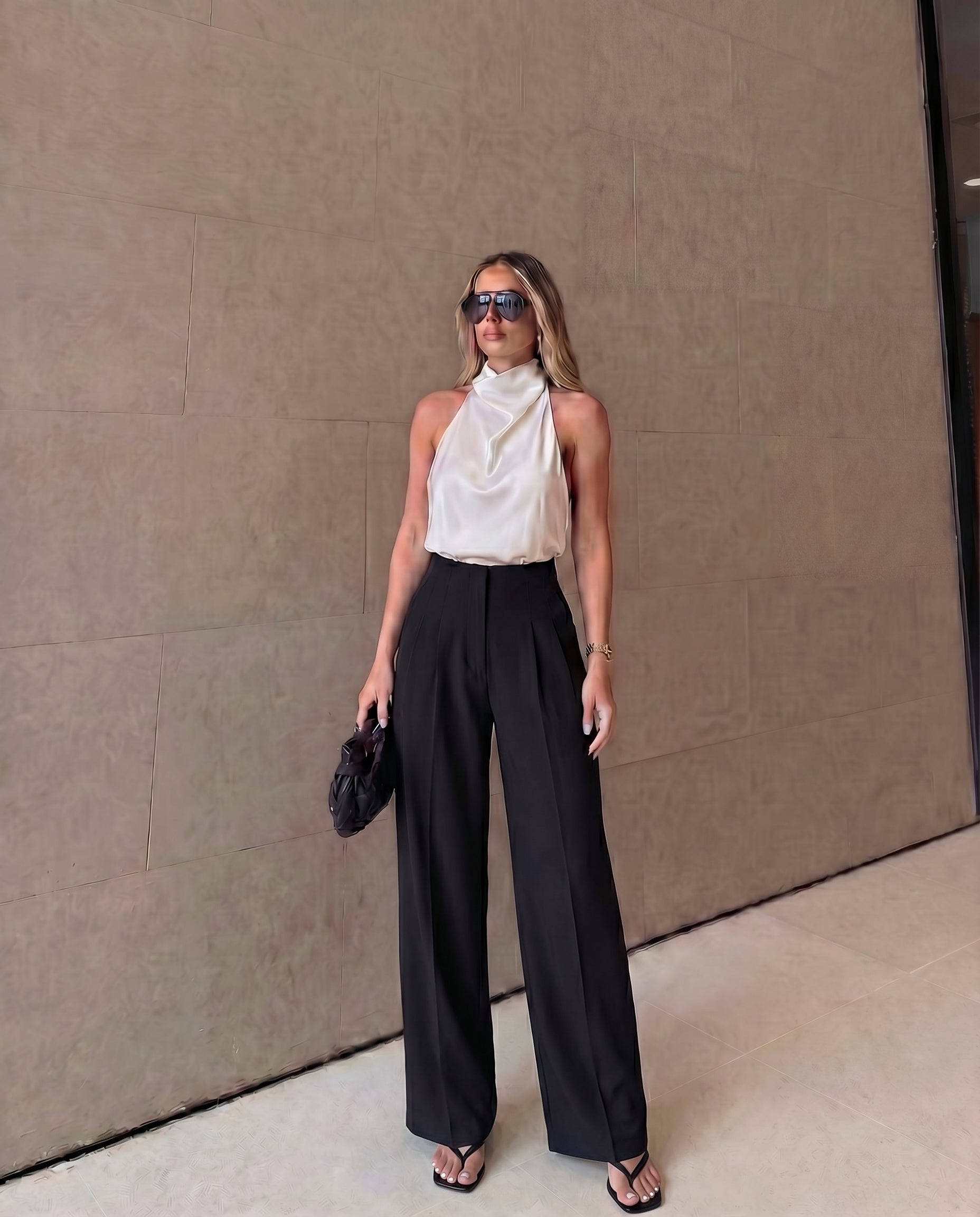 bottomwear,trousers,semi-formal,workwear,stretchable,polyester, spandex,black,pleated,relaxed fit,wide leg,full length,high rise, 24090016GG, OY963