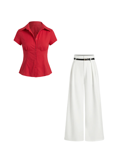 Red waist fitted shirt with white pants with Belt