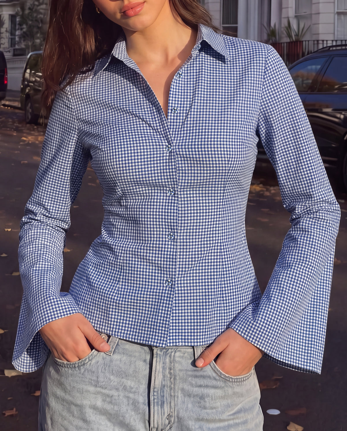 Blue Gingham Check Flared Sleeve Fitted Shirt