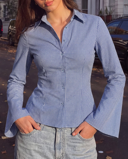 Blue Gingham Check Flared Sleeve Fitted Shirt