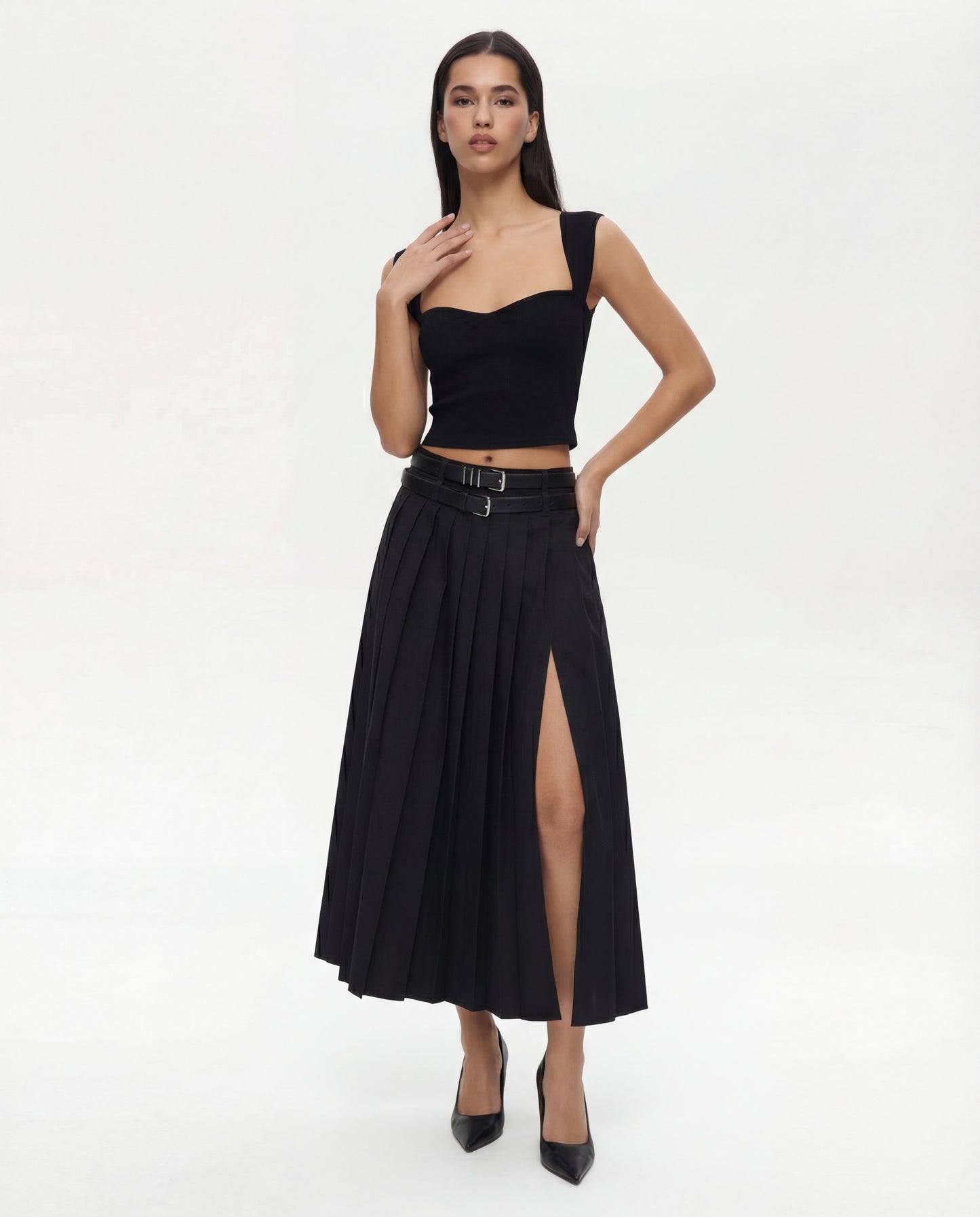 Double Belted Pleated Skirt with Sweet Heart Neck Top Set