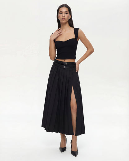 Double Belted Pleated Skirt with Sweet Heart Neck Top Set