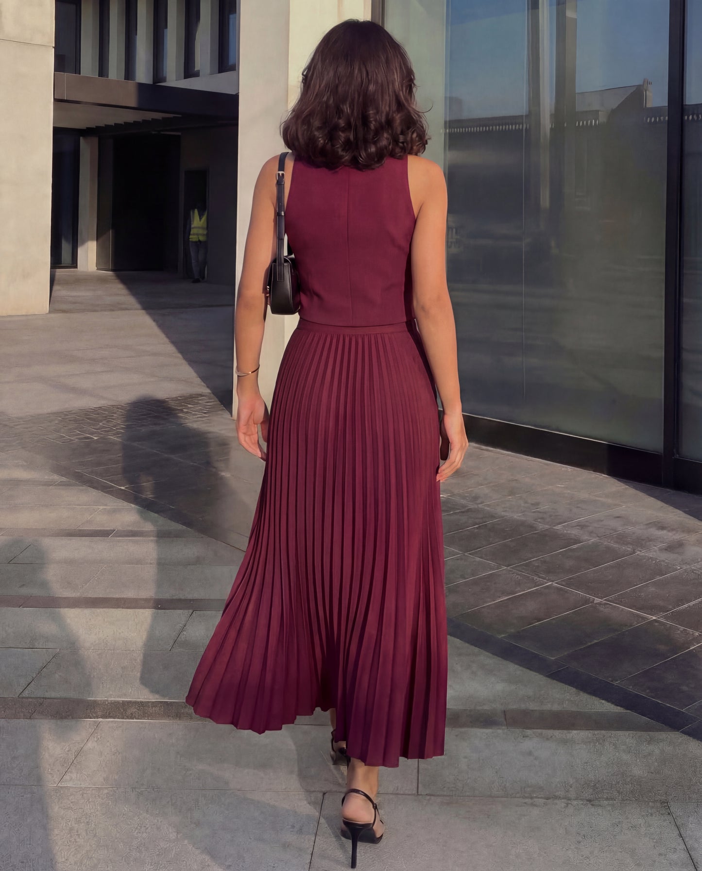 Maroon Pleated Skirt and Top Co-Ord Set