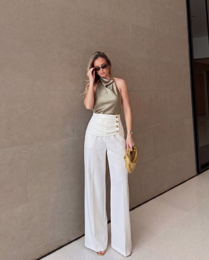 Chic Draped Waist Wide Leg Trousers-White