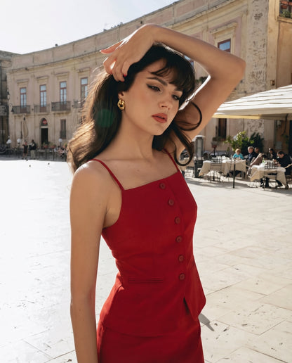 coord sets,bottomwear, topwear,casual chic, formal, semi-formal, outdoor events,minimal, sophisticated, summer, winter,woven,cotton twill,red,solid,panelling,button, zipper,tailored fit top,button down top,waist length top,slit hem,cami neck,shoulder strap,no sleeves,sleeveless,button down top,skirts,straight fit skirt,midi,straight hem, slit hem,mid rise waist,no pockets OY3046, 25070018GG