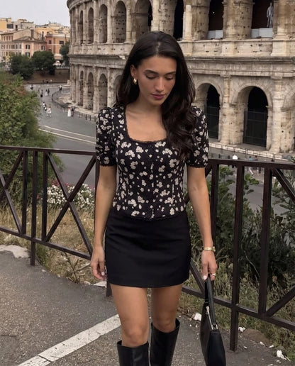 Black Florals Lace-Trim Fitted Button-Up Top