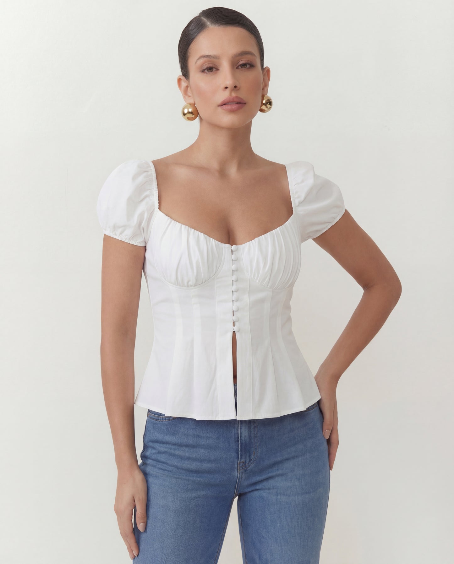 topwear,tops,outdoor events,glam, minimal,summer,woven,cotton,white,solid,ruched,skinny fit,peplum,waist length,flared hem,sweetheart neck,puff sleeves,short sleeves	OY1902-white,  25060014GG