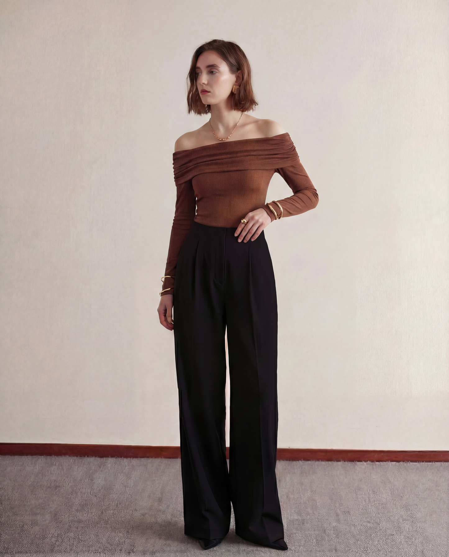 Off Shoulder Top With Pleated Korean Pants Cord Set