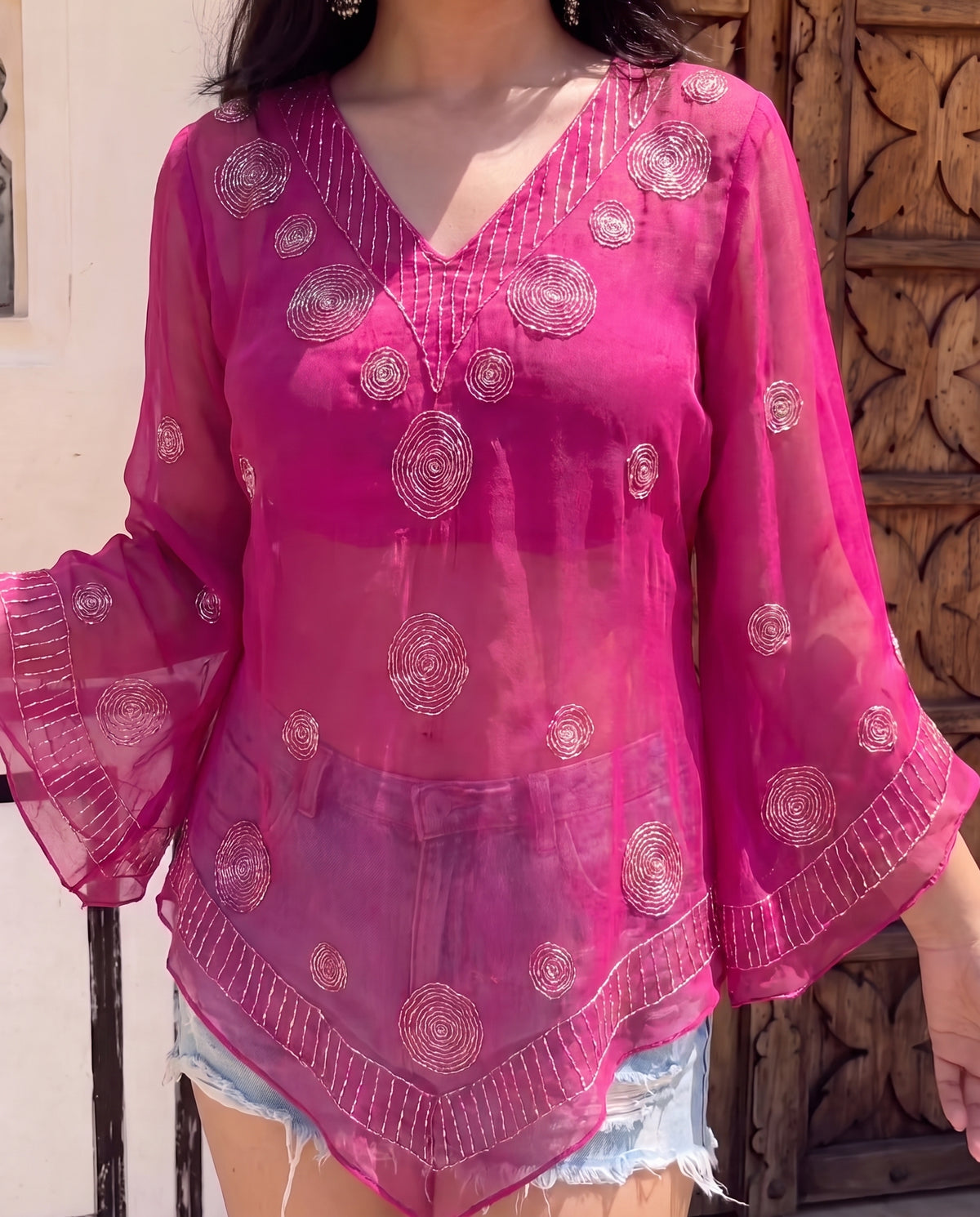 Embellished Flared Sleeve bohemian Top- Rani Pink