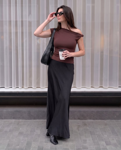 Brown Shoulder Knot Up Fitted Top