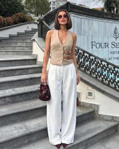 Beige Belted Halter Vest Top