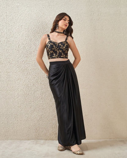 Satin Silk Draped Skirt - Black
