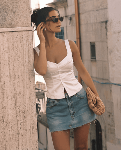 button-up-fitted-top,WHITE FITTED TOP,topwear,tops,semi-formal,minimal,woven,poplin,white,solid,button,tailored fit,fitted,regular,diamond neck,sleeveless