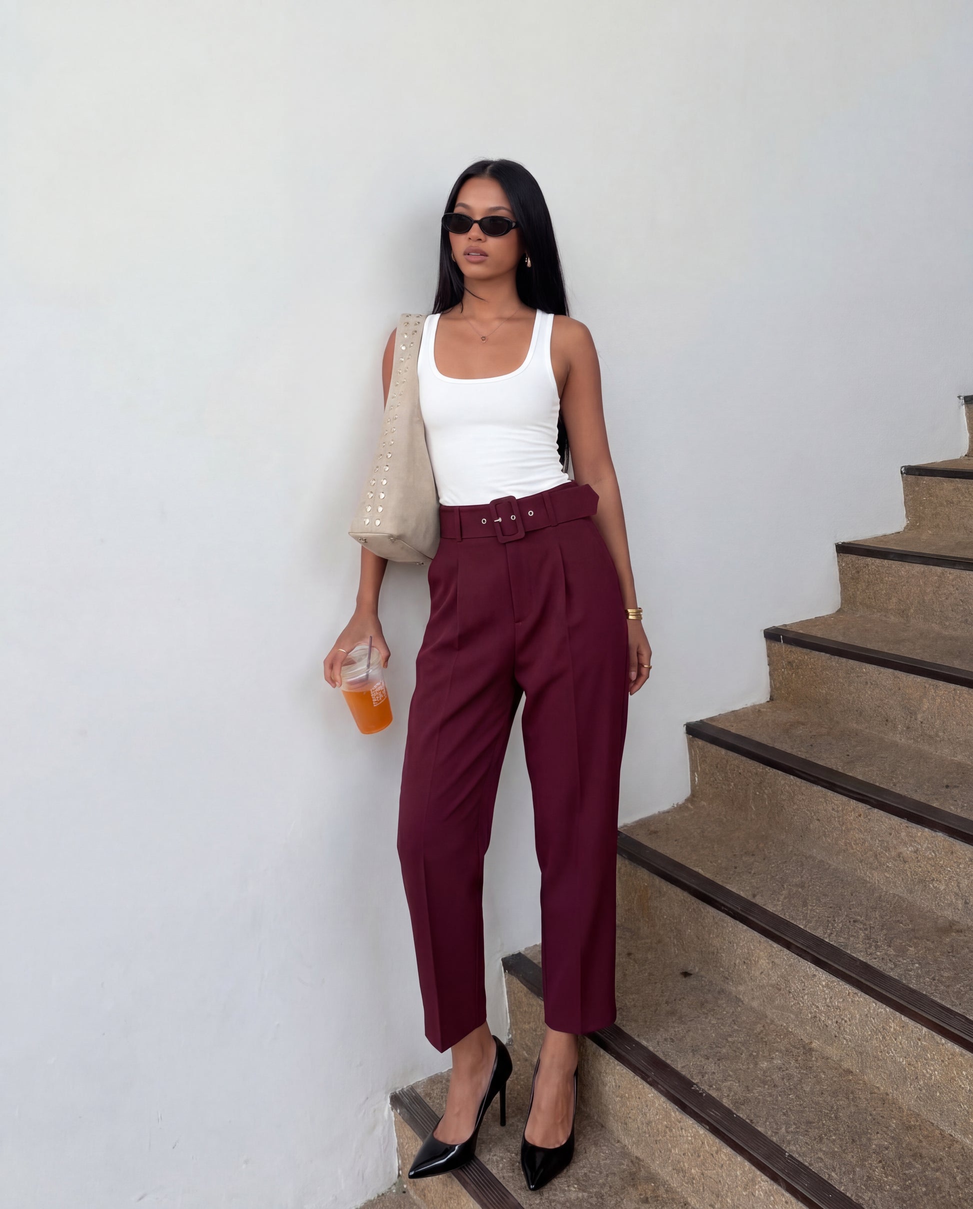 bottomwear,pants,formal, semi-formal,business outfit, urban fit, workwear,woven,polyester, spandex,maroon,pleated,belt,tailored fit,tapered,full lengthhig, h rise	25010046GG, OY942