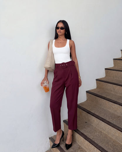 bottomwear,pants,formal, semi-formal,business outfit, urban fit, workwear,woven,polyester, spandex,maroon,pleated,belt,tailored fit,tapered,full lengthhig, h rise	25010046GG, OY942