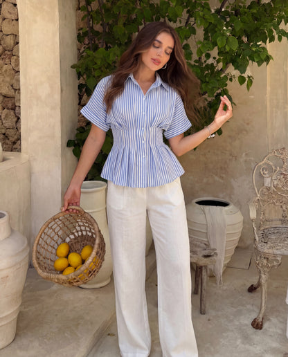 topwear,tops,casual, outdoor events,minimal, summer, streetwear,woven,linen,printed,blue,color block, pinstripes,pleated, pinstripes,button,tailored fit,fit and flare,waist length,curved hem,shirt collar,batwing sleeve,short sleeves	25060048GG,OY2016
