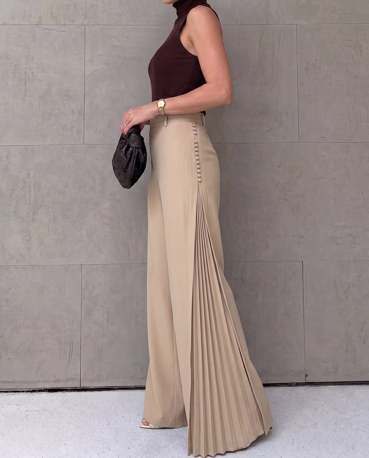 Beige Pleated Wide Leg Trouser