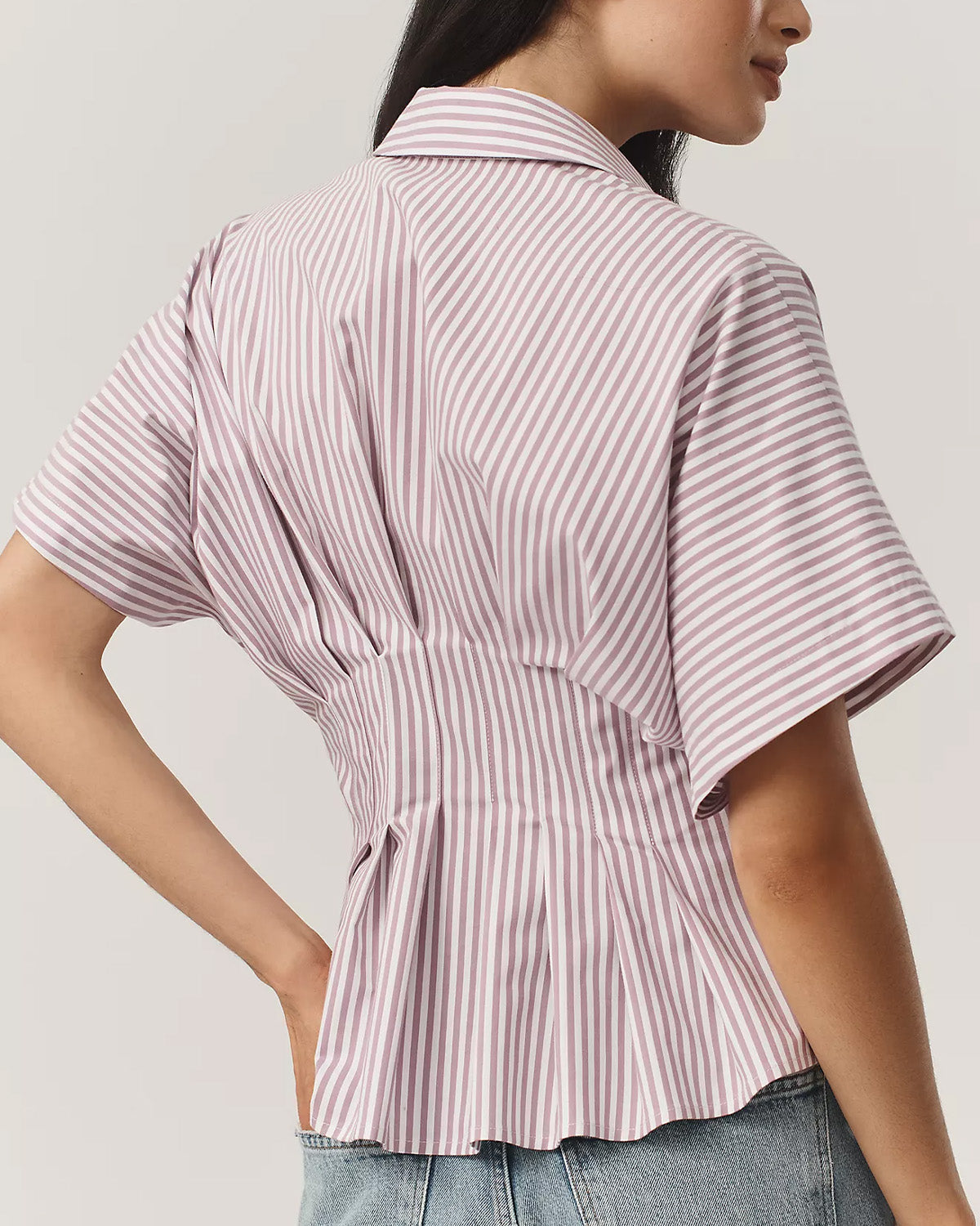 topwear,tops,casual, outdoor events,minimal, summer, streetwear,woven,linen,printed,Dusty Pink ,color block, pinstripes,pleated, pinstripes,button,tailored fit,fit and flare,waist length,curved hem,shirt collar,batwing sleeve,short sleeves	25060049GG, OY2017