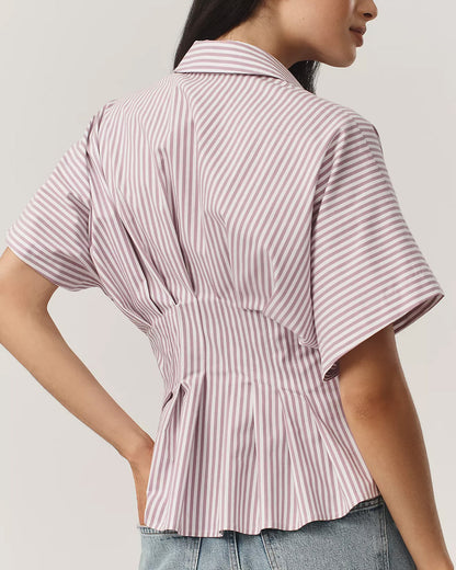 topwear,tops,casual, outdoor events,minimal, summer, streetwear,woven,linen,printed,Dusty Pink ,color block, pinstripes,pleated, pinstripes,button,tailored fit,fit and flare,waist length,curved hem,shirt collar,batwing sleeve,short sleeves	25060049GG, OY2017