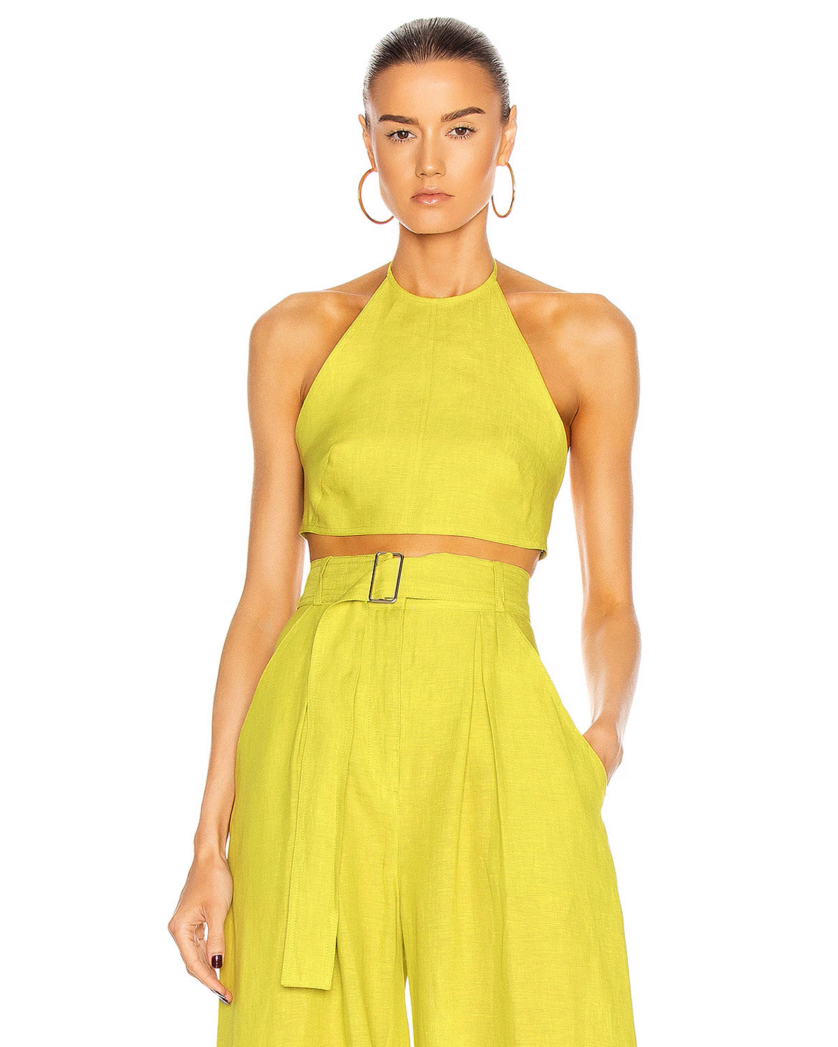 coord sets,bottomwear, topwear,vacation, outdoor events,beach, minimal, sophisticated, timeless,woven,cotton slub,NA,citric green,solid,pleated, tie knot, utility pocket,drawstring,tailored fit top,crop top,crop top,straight hem,halter neck,spaghetti strap,NA,sleeveless,backless,pants,wide leg pants,full length,NA,high rise waist,2 pockets	25040015GG OY1401